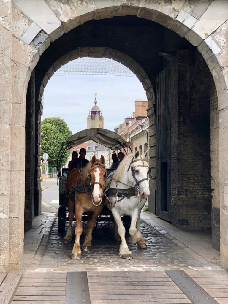 Calèche et chevaux sous une arche historique en ville Calèche à deux chevaux passant sous une porte médiévale pavée avec clocher au loin.